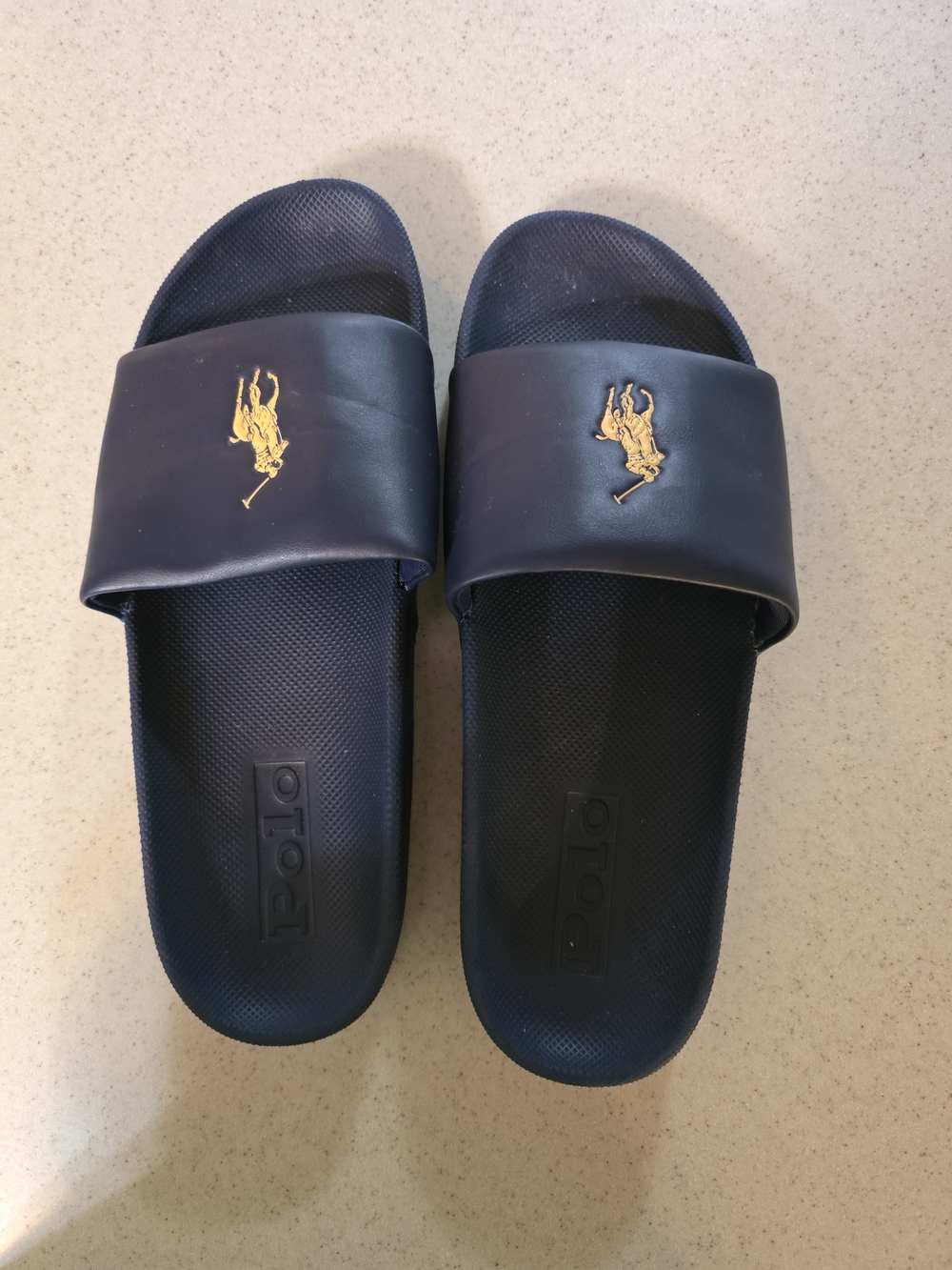 Polo by Ralph Lauren Navy Slide Sandals with Gold Pony Emblem